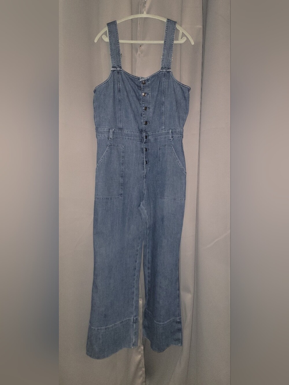 Aerie Medium Blue Button-Front Wide Leg Denim Overalls - Picture 3 of 16